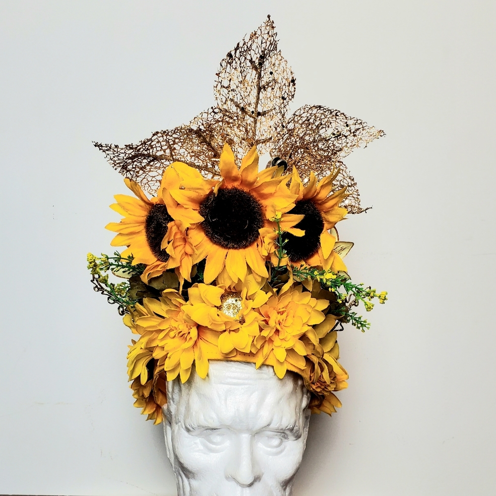 Sunflower Yellow Gold Floral Headpiece Crown Hat Headband for Festival